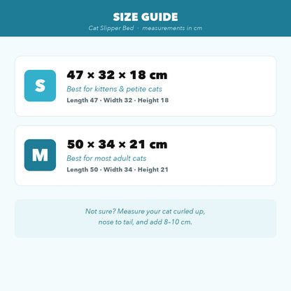 SnoozeSlipper cat bed size guide — S 47x32x18cm, M 50x34x21cm