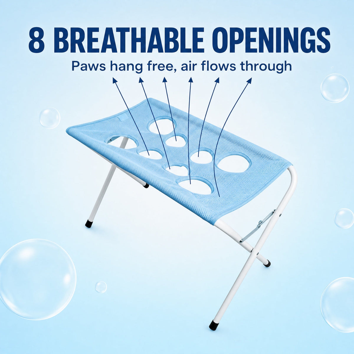 Eight breathable limb openings let paws hang free