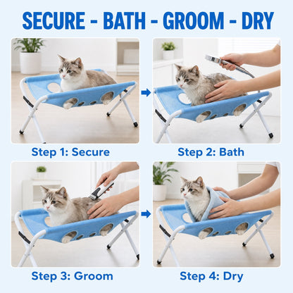 Four steps: secure, bath, groom and dry your pet in the Flip Gear Hammock