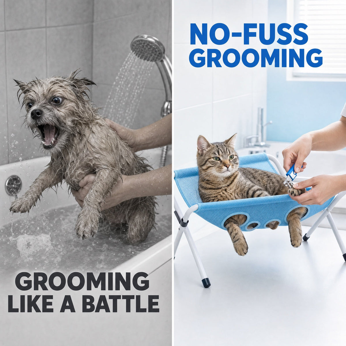Grooming like a battle versus no-fuss grooming with the Flip Gear Hammock