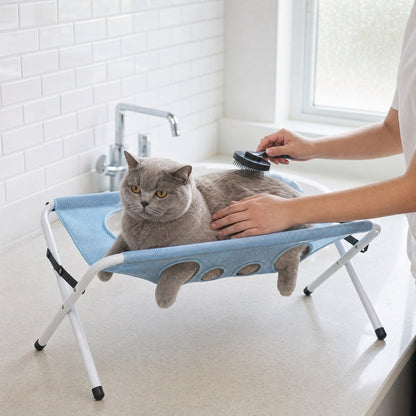 Cat lying calmly in the Flip Gear Hammock during a bath