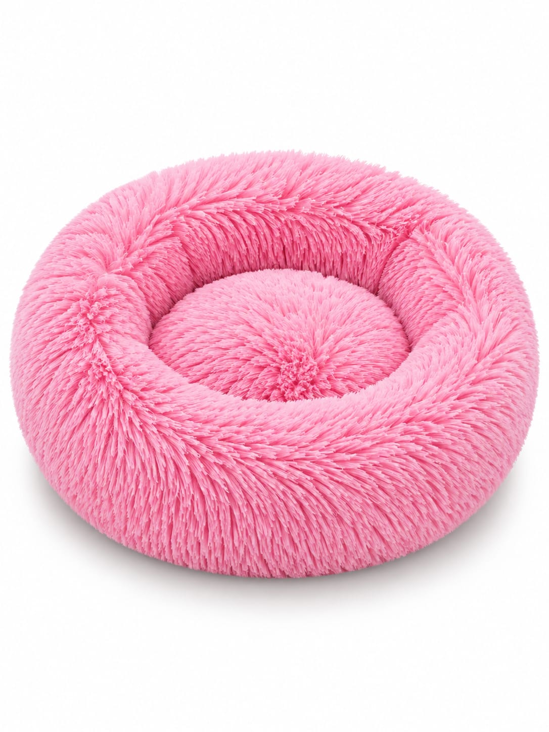 SnoozeCloud calming pet bed in Bright Pink — round donut bed with ultra-soft long plush and raised rim