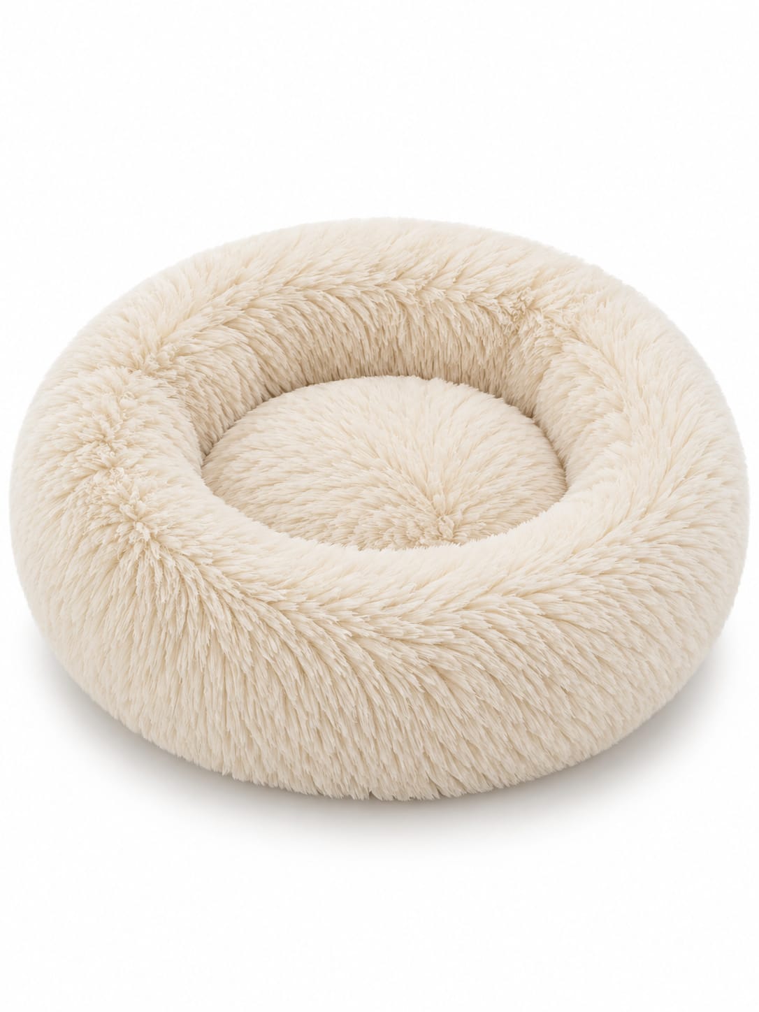 SnoozeCloud calming pet bed in Cream — round donut bed with ultra-soft long plush and raised rim