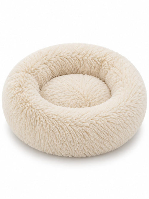 SnoozeCloud calming pet bed in Cream — round donut bed with ultra-soft long plush and raised rim