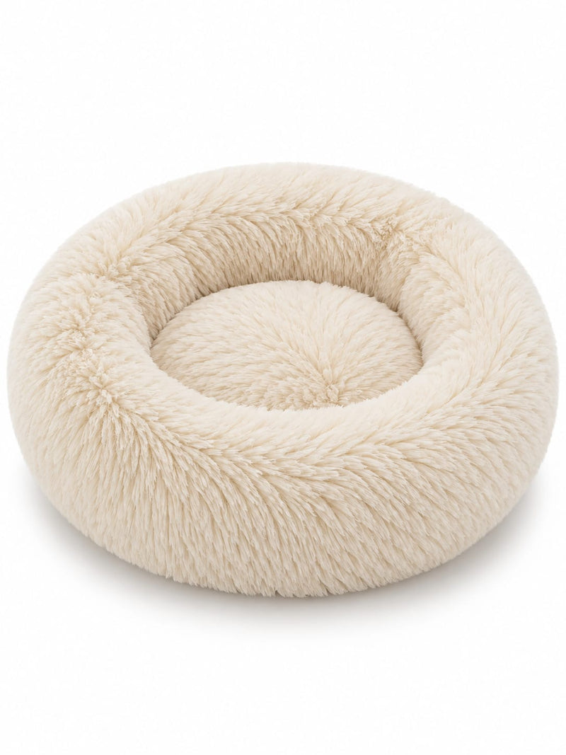 SnoozeCloud calming pet bed in Cream — round donut bed with ultra-soft long plush and raised rim