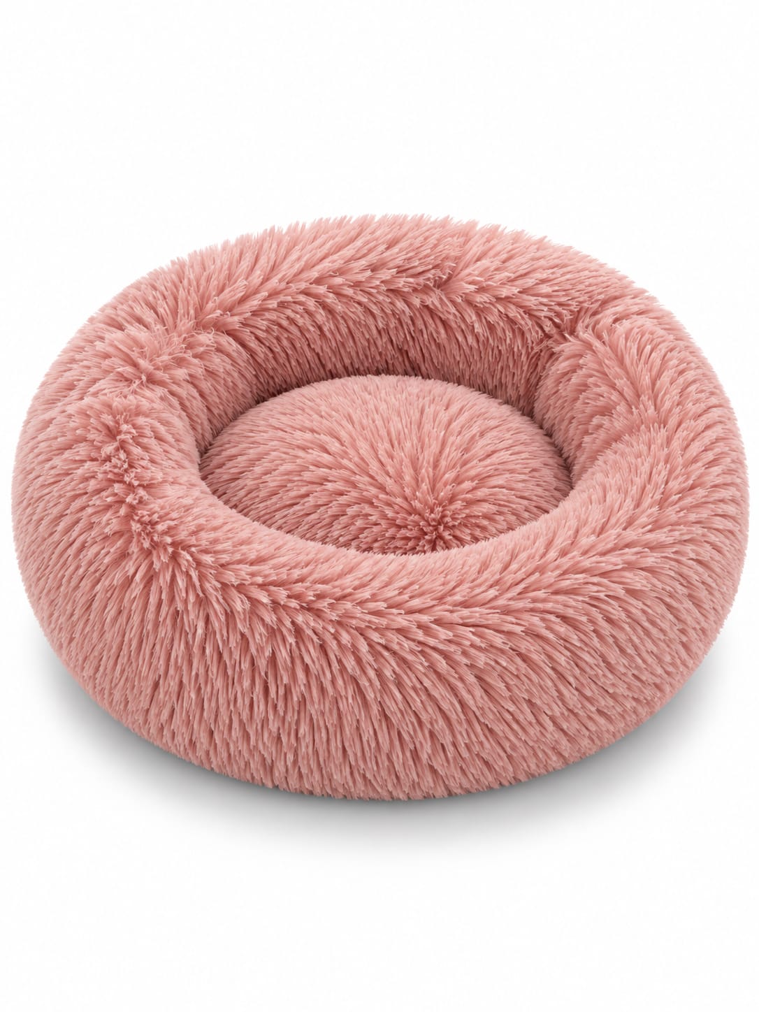 SnoozeCloud calming pet bed in Dusty Rose — round donut bed with ultra-soft long plush and raised rim