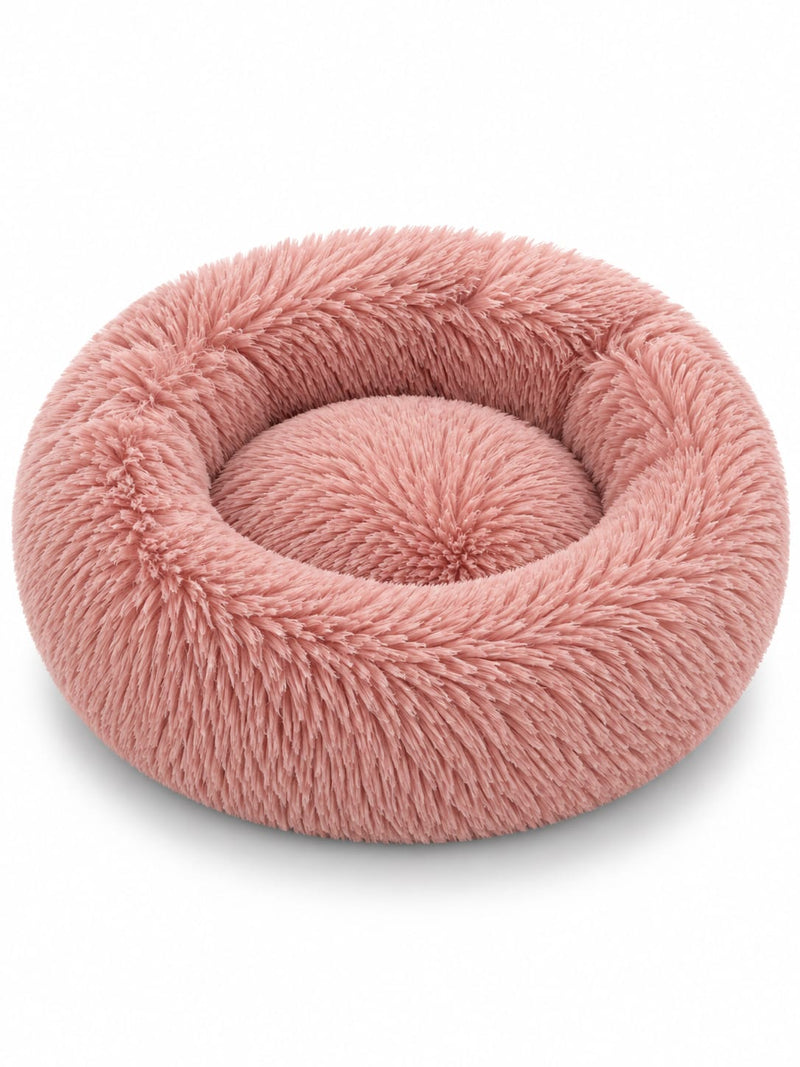 SnoozeCloud calming pet bed in Dusty Rose — round donut bed with ultra-soft long plush and raised rim