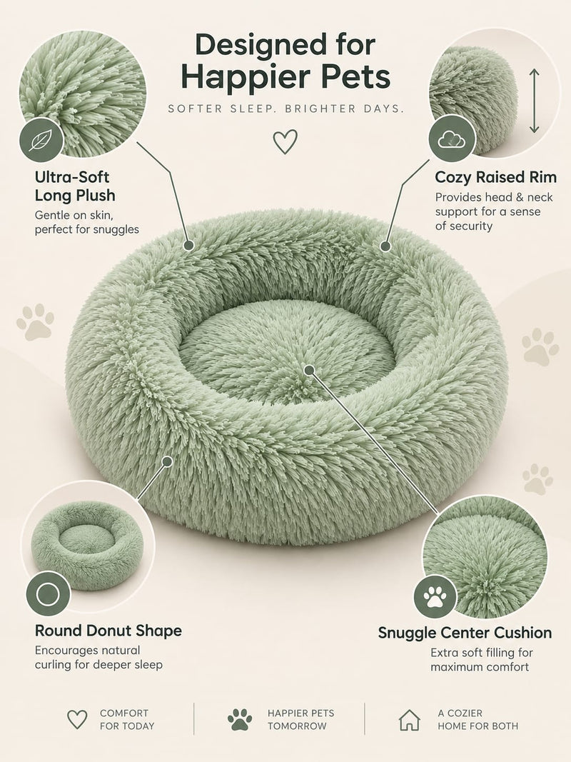 SnoozeCloud features — ultra-soft long plush, cosy raised rim, round donut shape, snuggle centre cushion