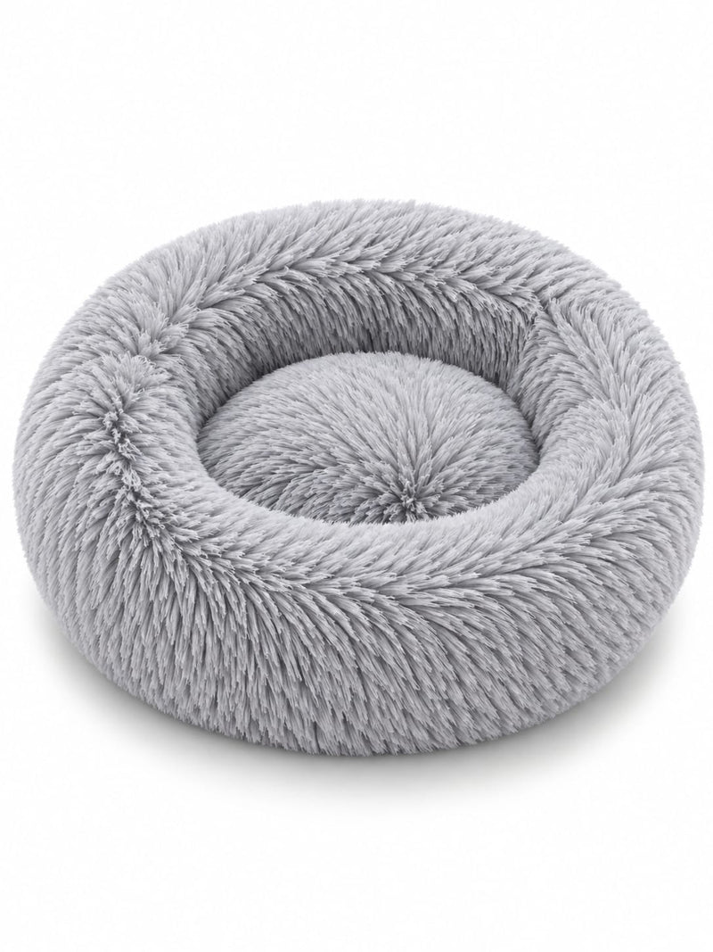 SnoozeCloud calming pet bed in Gray — round donut bed with ultra-soft long plush and raised rim