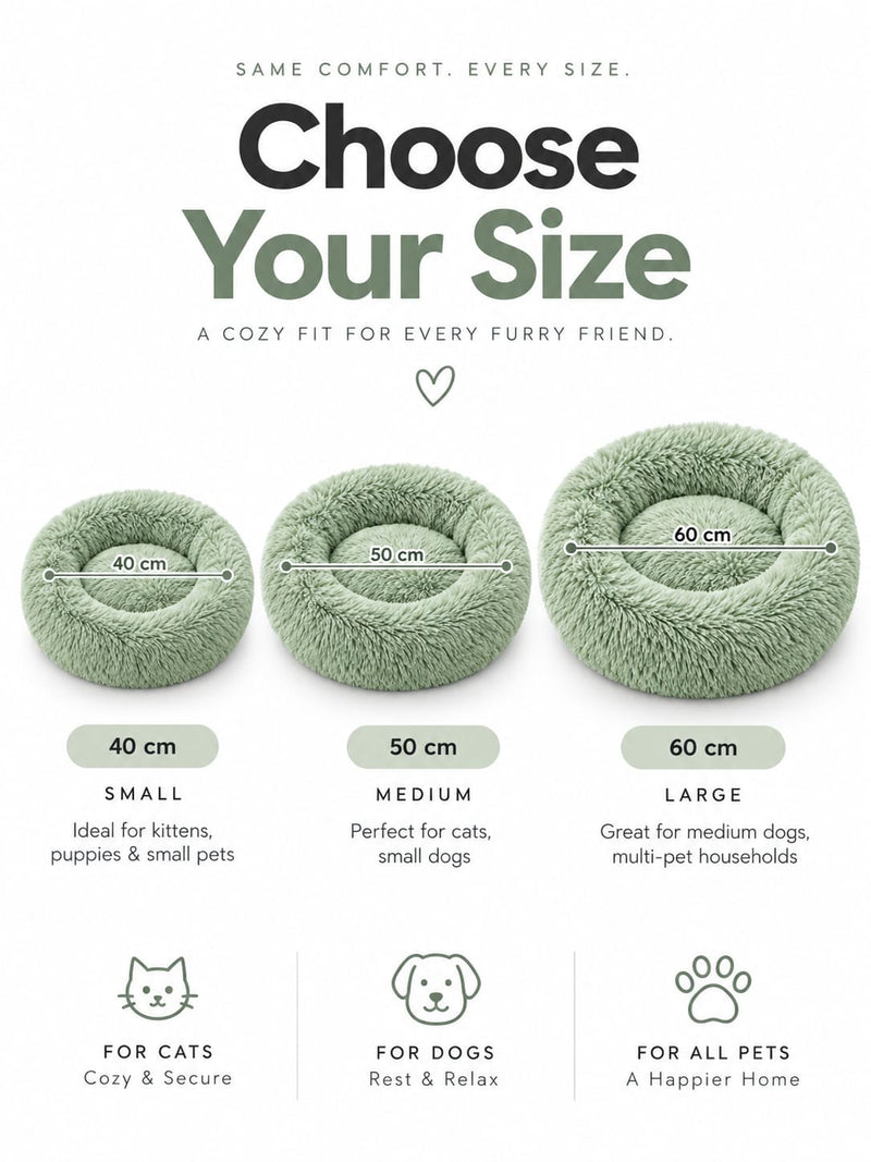 SnoozeCloud size guide — 40cm small, 50cm medium, 60cm large for kittens, cats and medium dogs